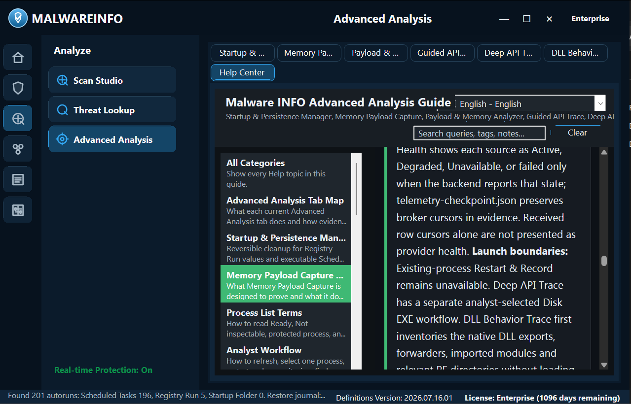 Malware INFO Help Center showing the edition feature comparison