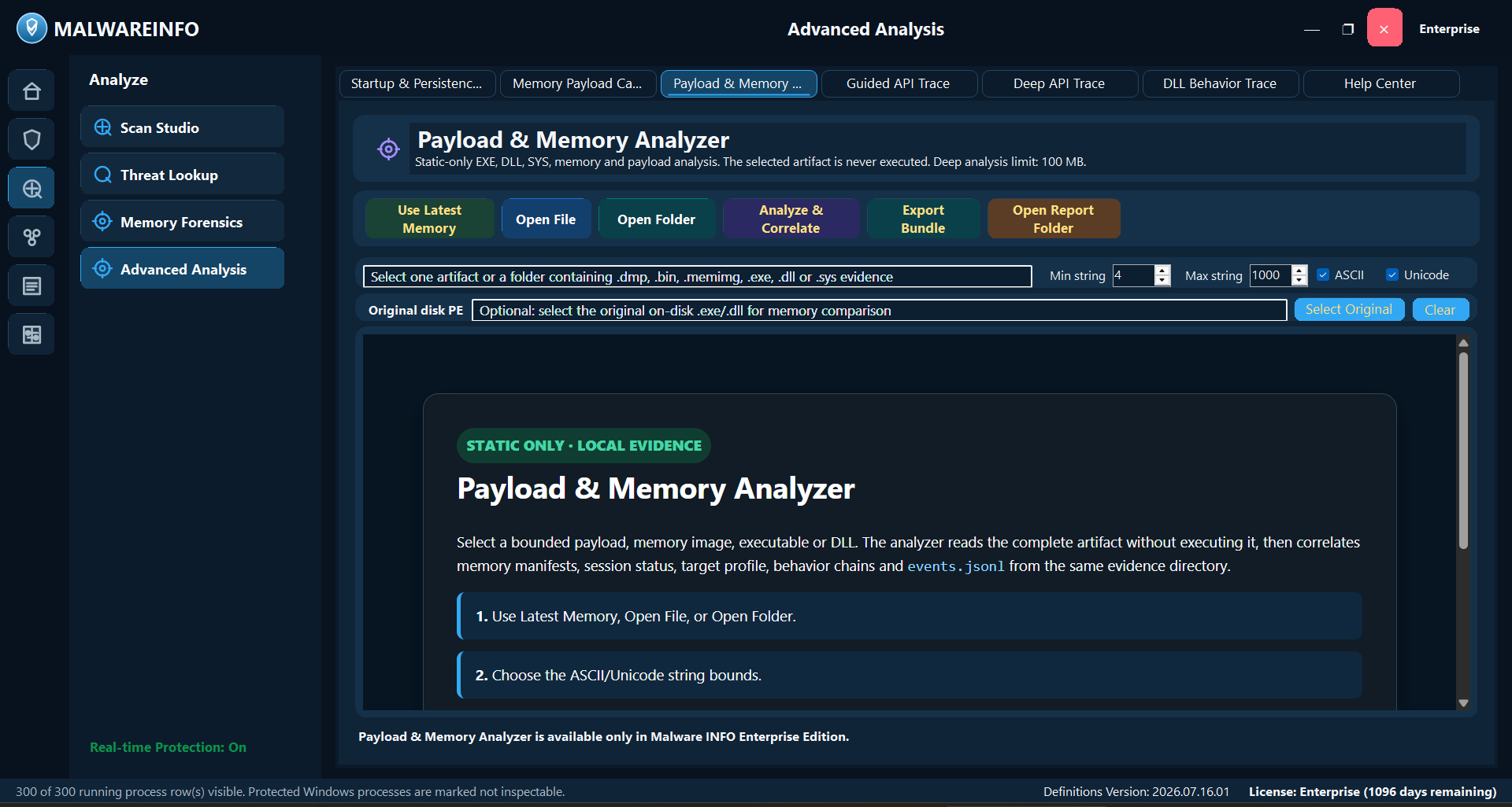 Malware INFO Payload and Memory Analyzer workspace