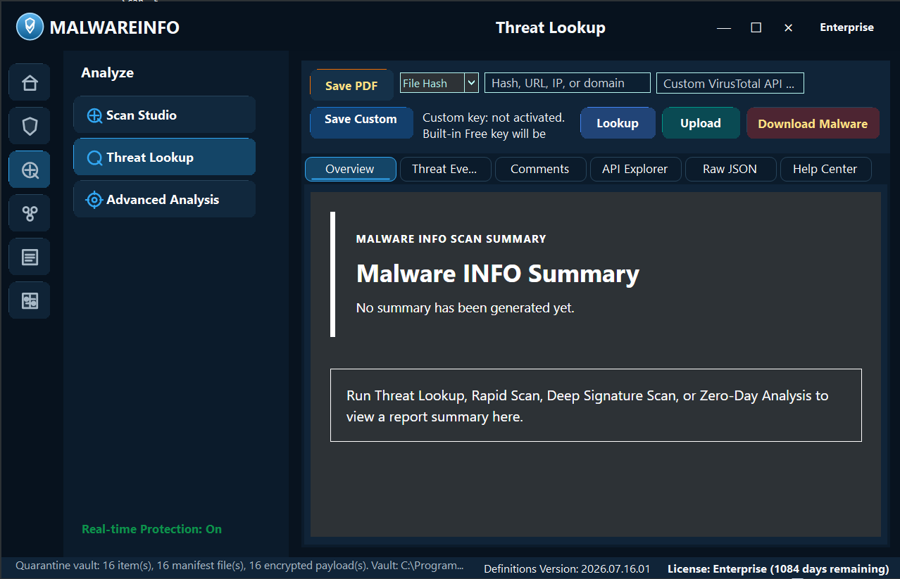 Malware INFO Threat Lookup workspace