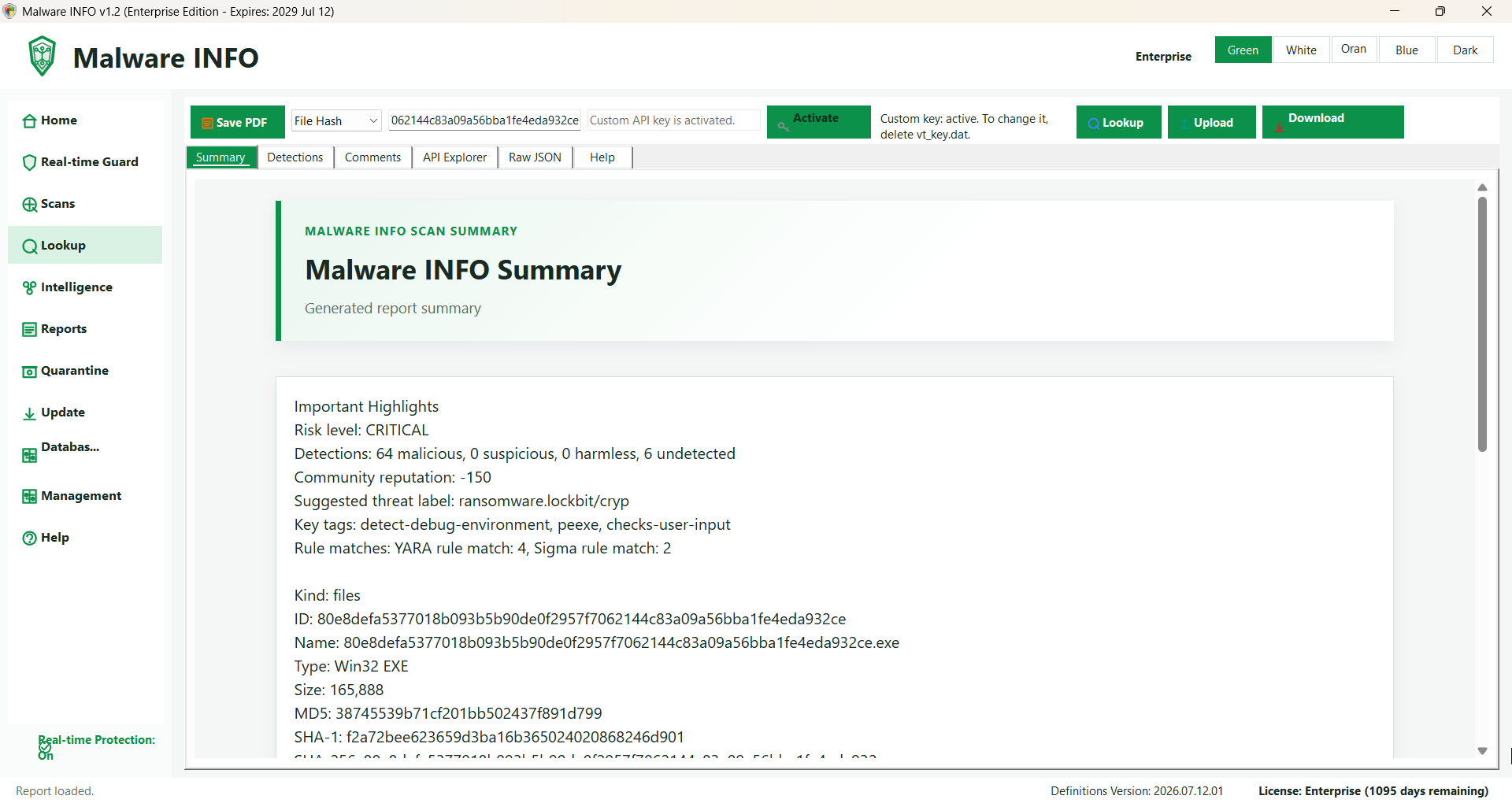 Malware INFO lookup screen with reputation result tabs