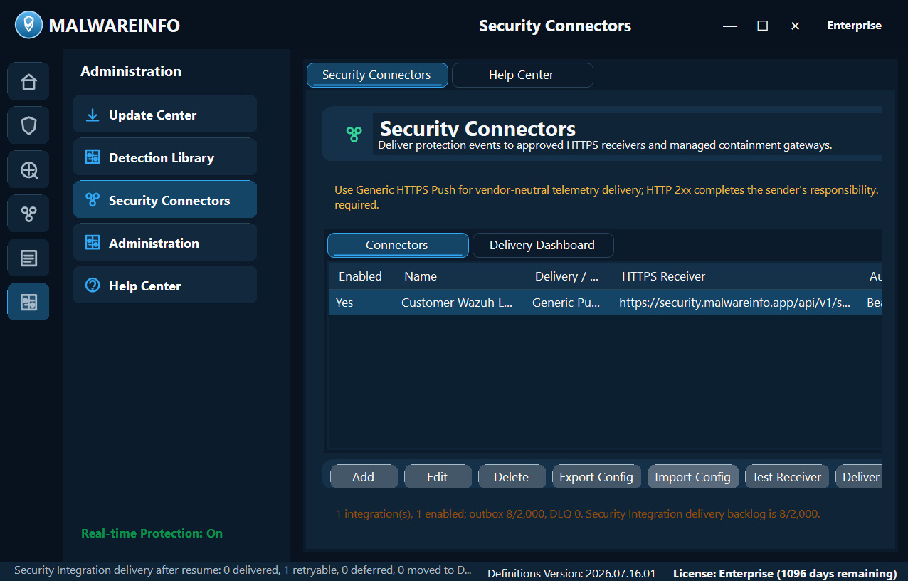 Real Malware INFO Security Connectors administration interface.