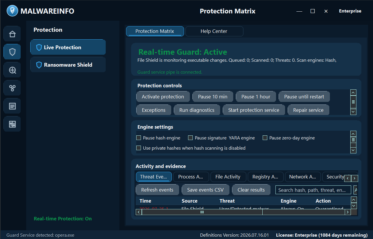 Real Malware INFO Protection Matrix application interface.