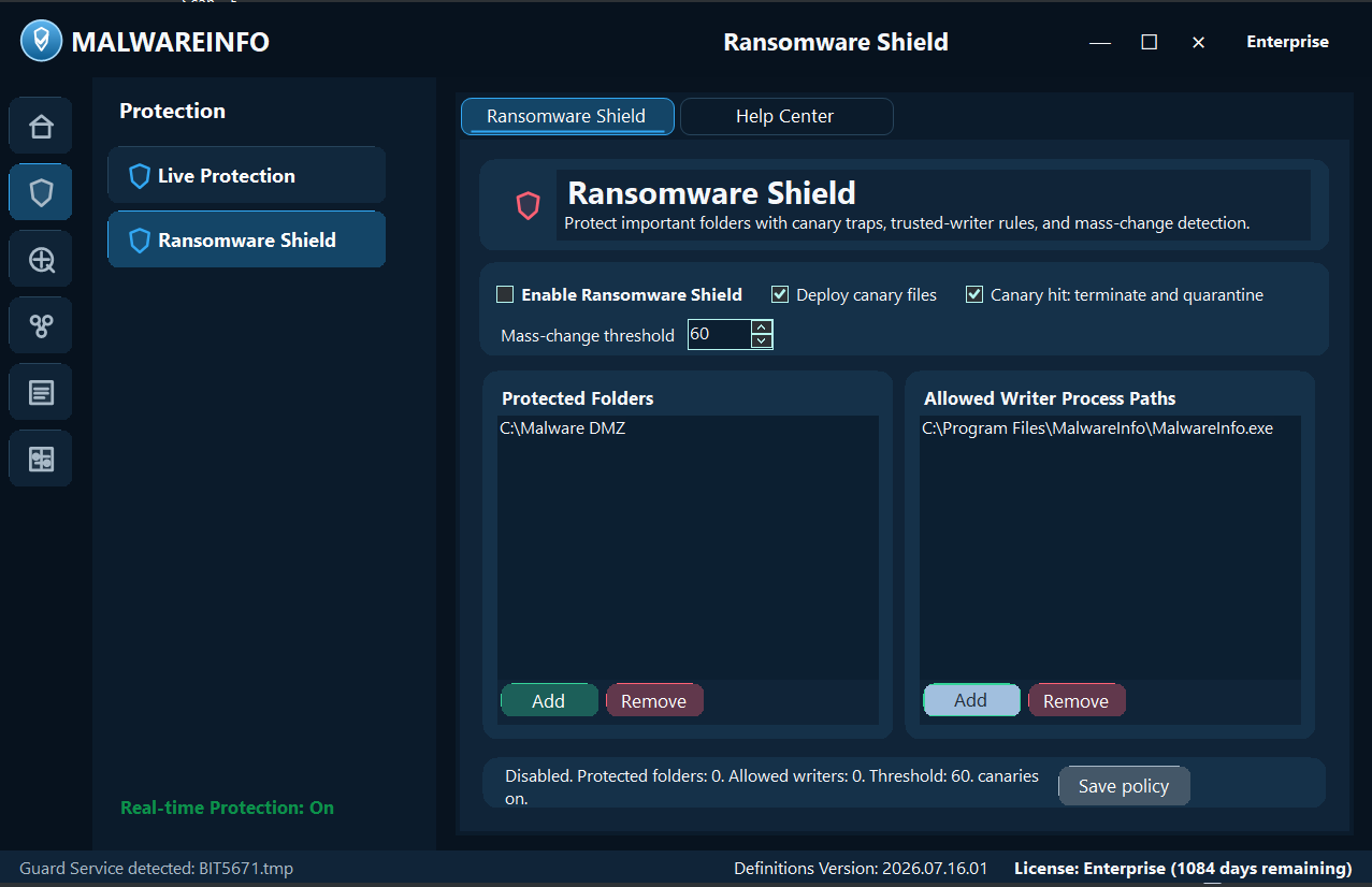 Real Malware INFO Ransomware Shield application interface.