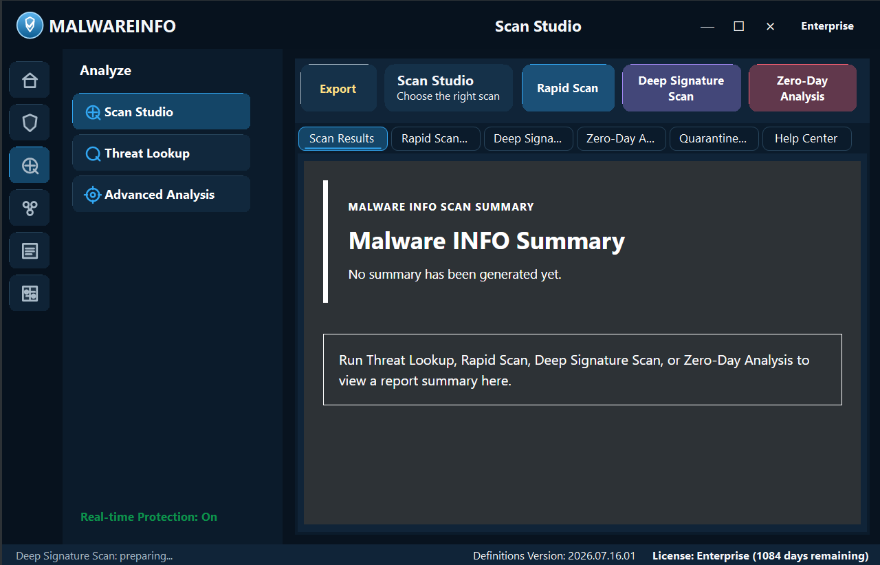 Real Malware INFO Scan Studio application interface.